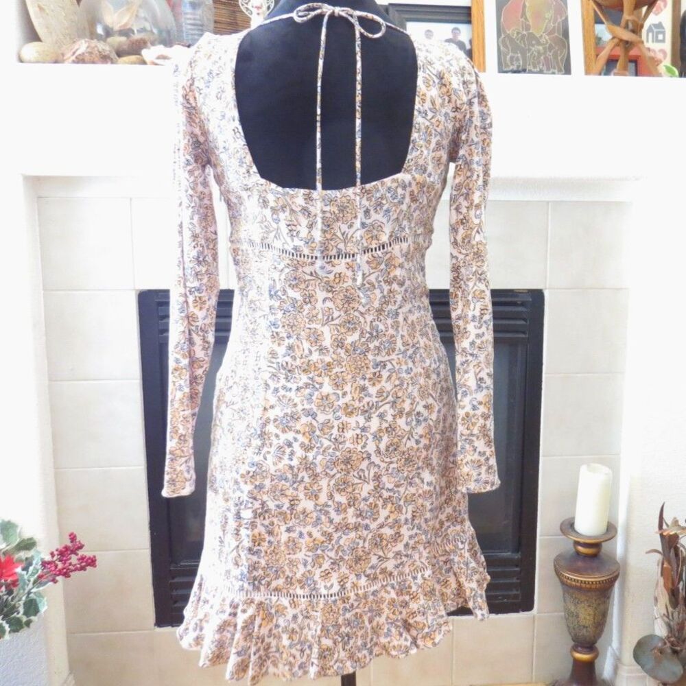 Free People Women's Boheme Floral Mini Dress Square Neck Boho Ivory 4 EUC